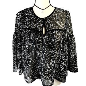 Lucky Brand Boho Sheer Flowy Top Black & White Print XS